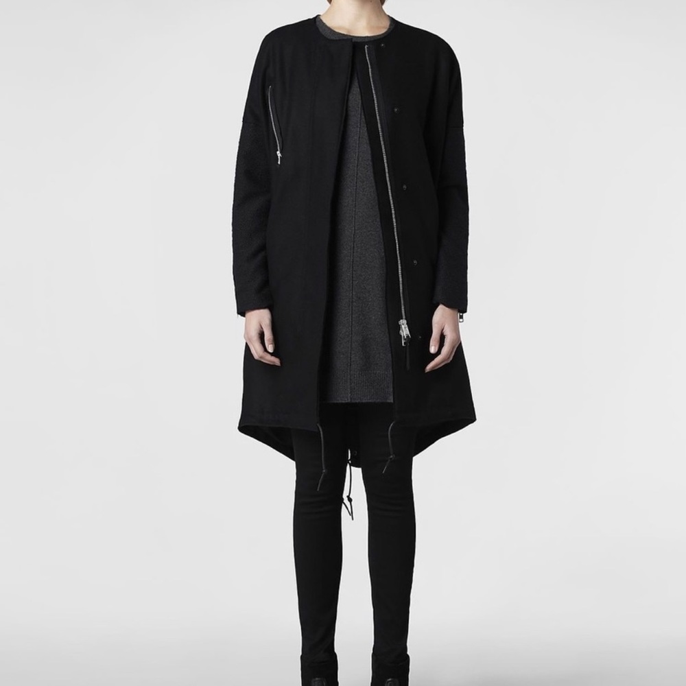 ALL SAINTS | Black Rio Wool Blend Zipper Parka Coat